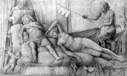 Slapende naakte vrouw met Cupido en saters
